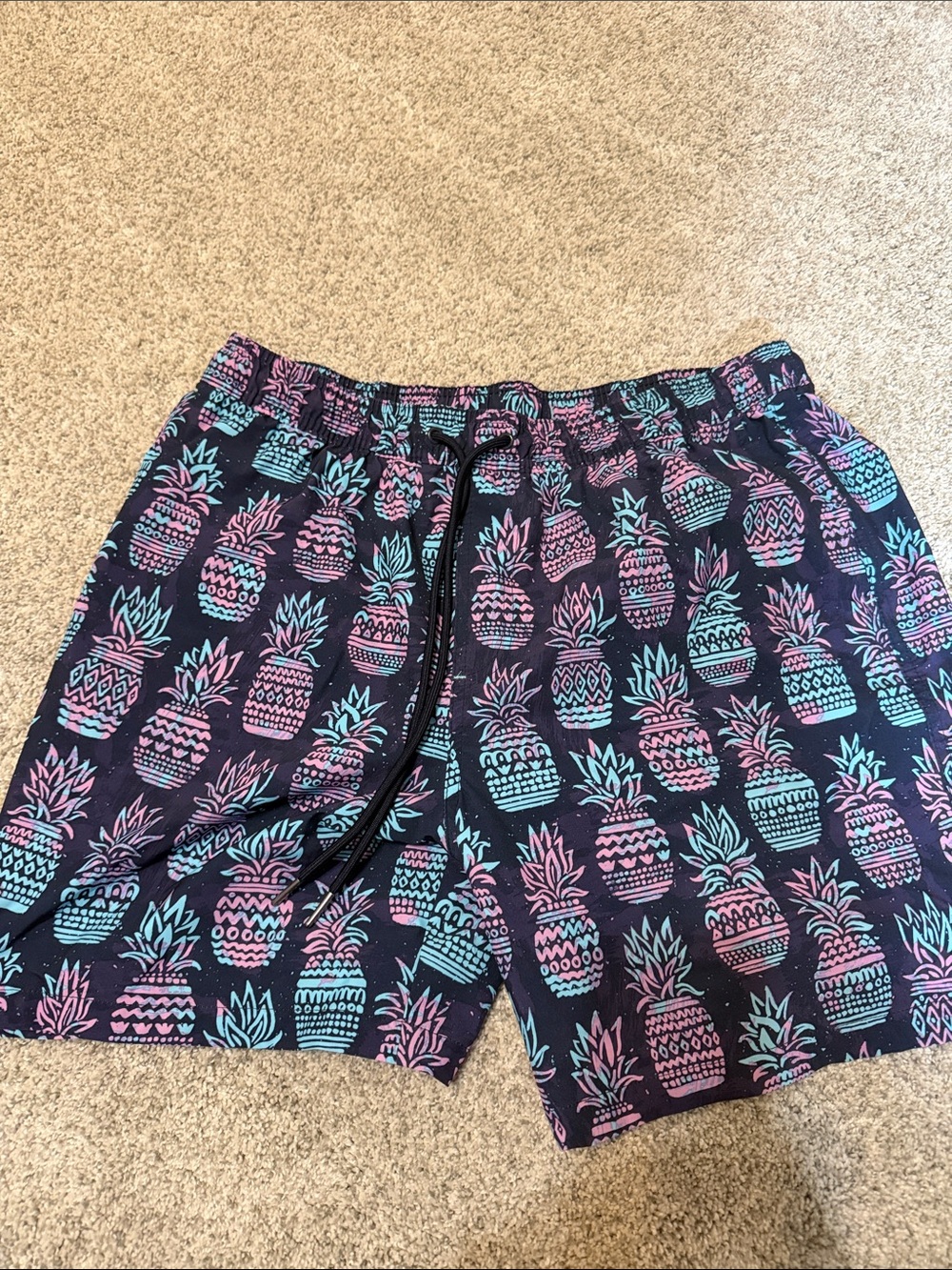 Men's Navy Pineapple Print Swim Trunks - Blue & Pink